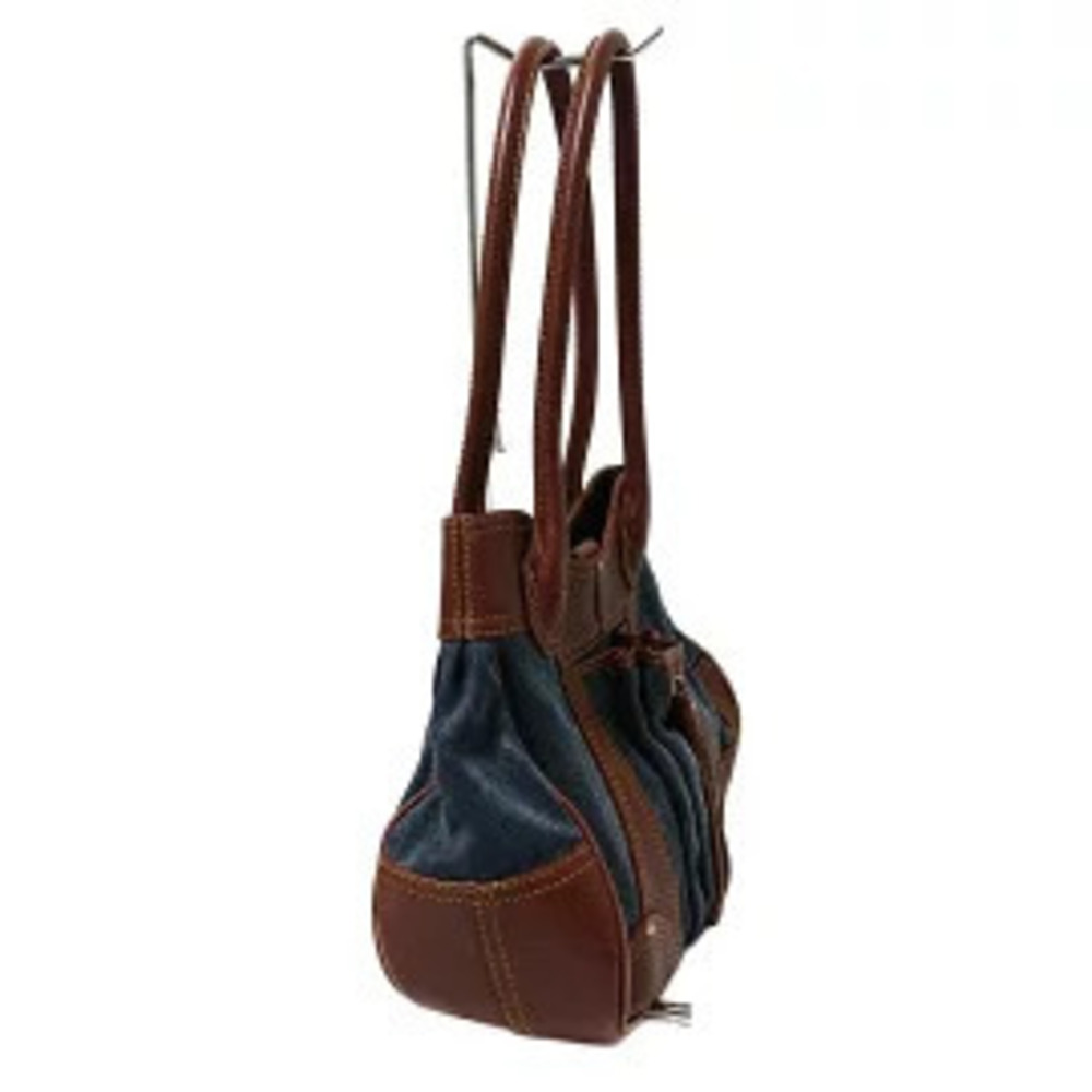 Celine Paris Macadam Shoulder Bag Navy Blue Brown Denim Leather